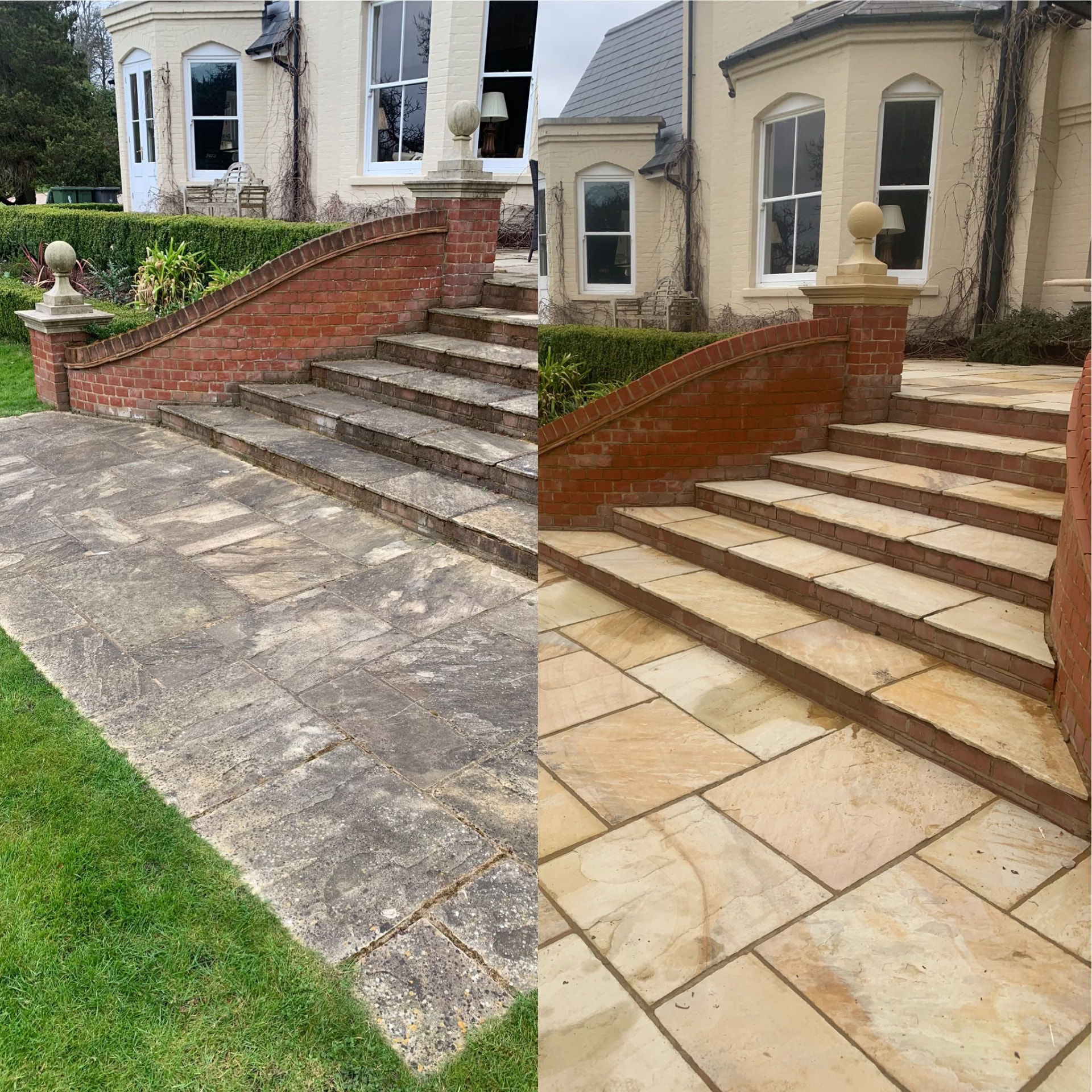 Stone steps and patio before and after deep cleaning